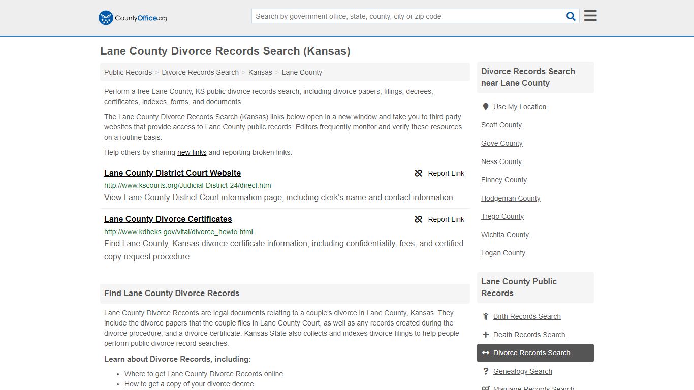 Lane County Divorce Records Search (Kansas) - County Office